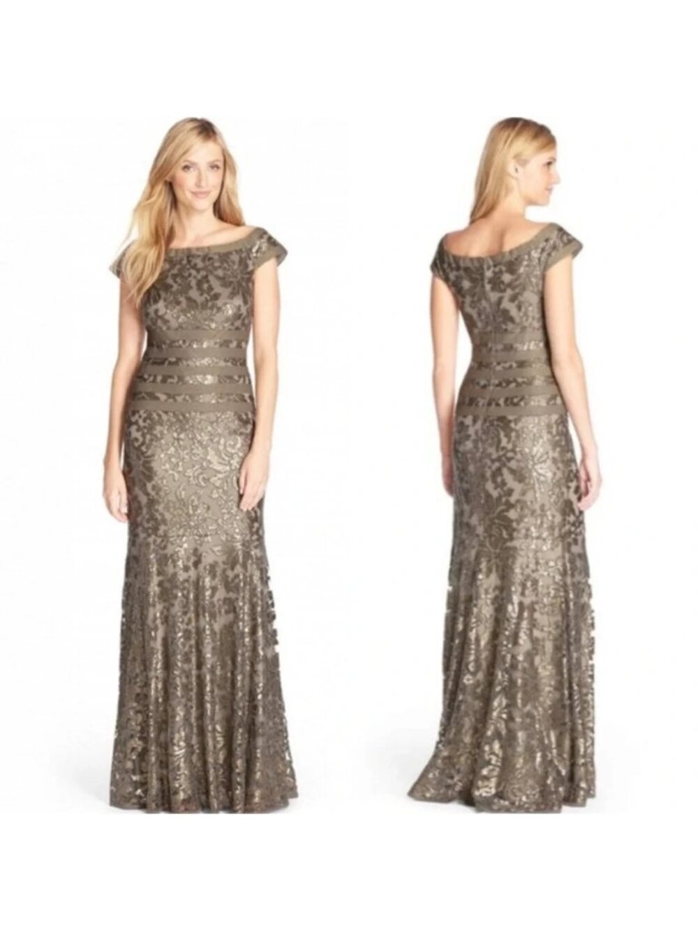 Tadashi Shoji Sequin Lace Gown Smoke Pearl Size 14